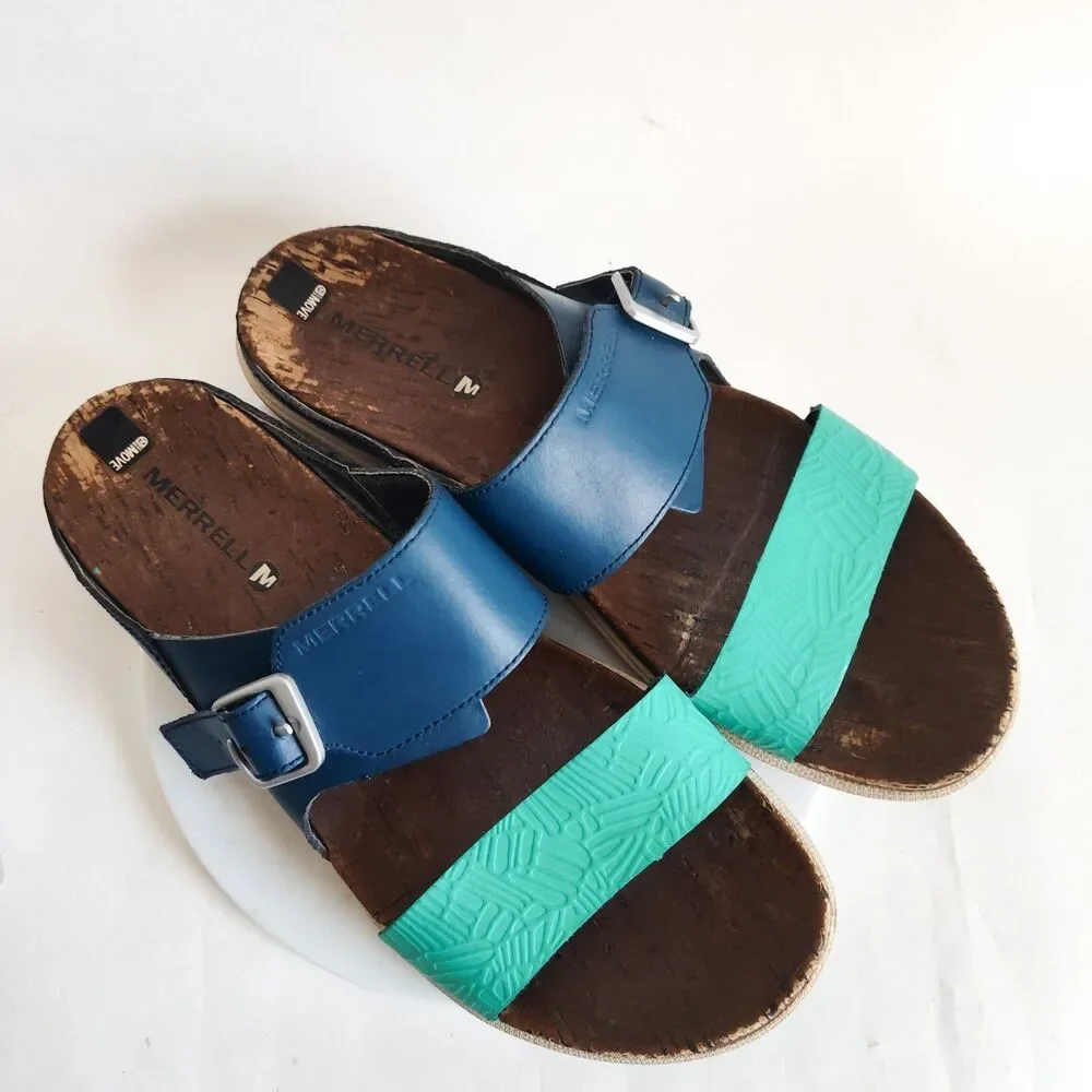 Merrell‎ Comfort Sandals Womens 10 Poseidon Blue Teal Leather Slip On Strappy